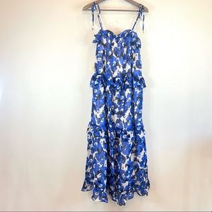 Who What Wear Floral Print Maxi Ruffle Blue Black Dress Sz Small NEW
